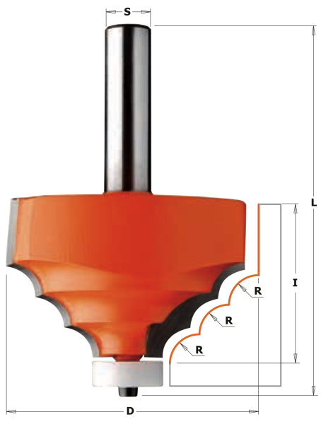 CMT HW-Profilfräser für Deko-Kanten mit Delrin®-Anlaufring; 66,7x41,3/89,8x12mm, z2, r8 rechts; 1 VPE = 1 Stck